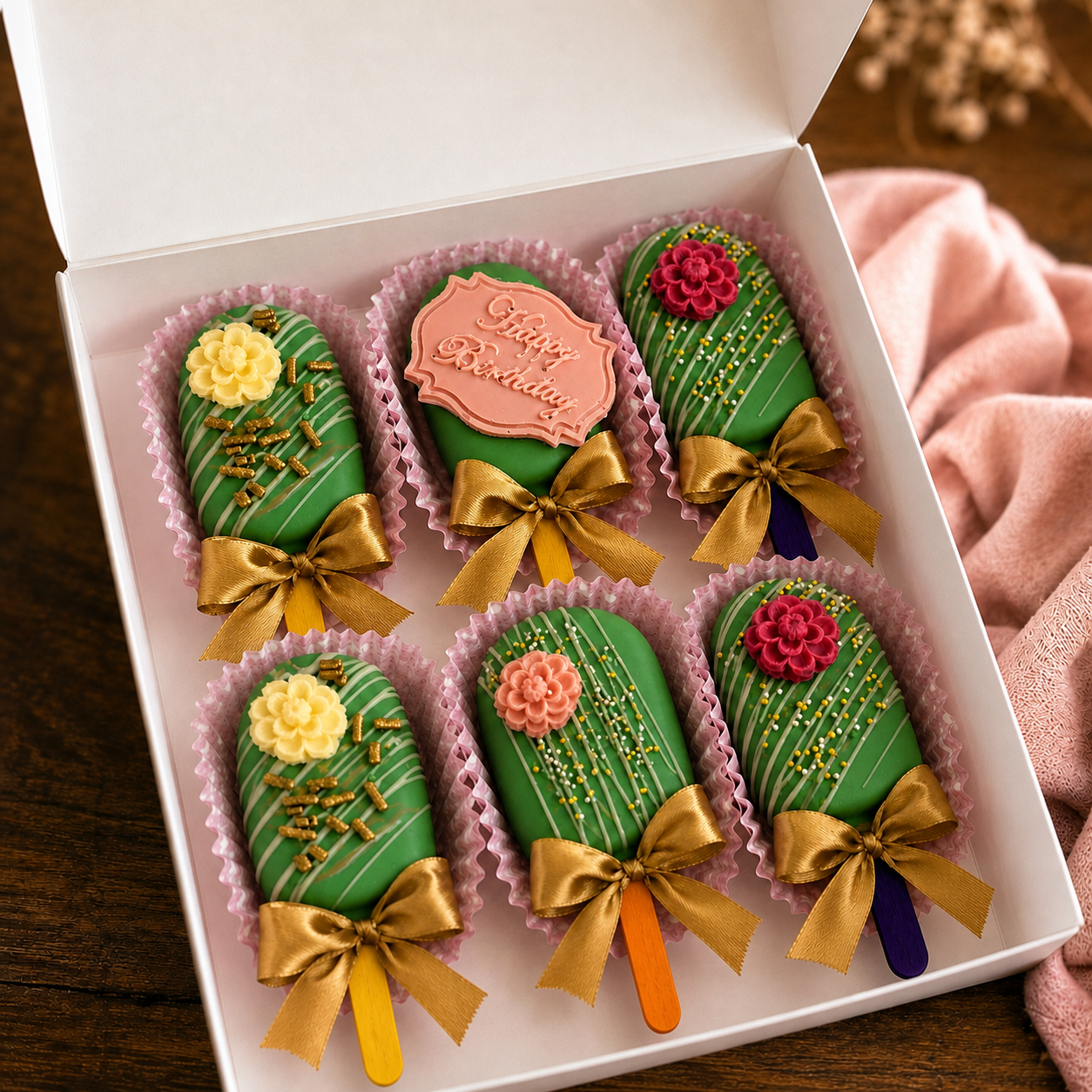 Gift box of six green Biscoff cake pops with flowers, gold bows and birthday decoration
