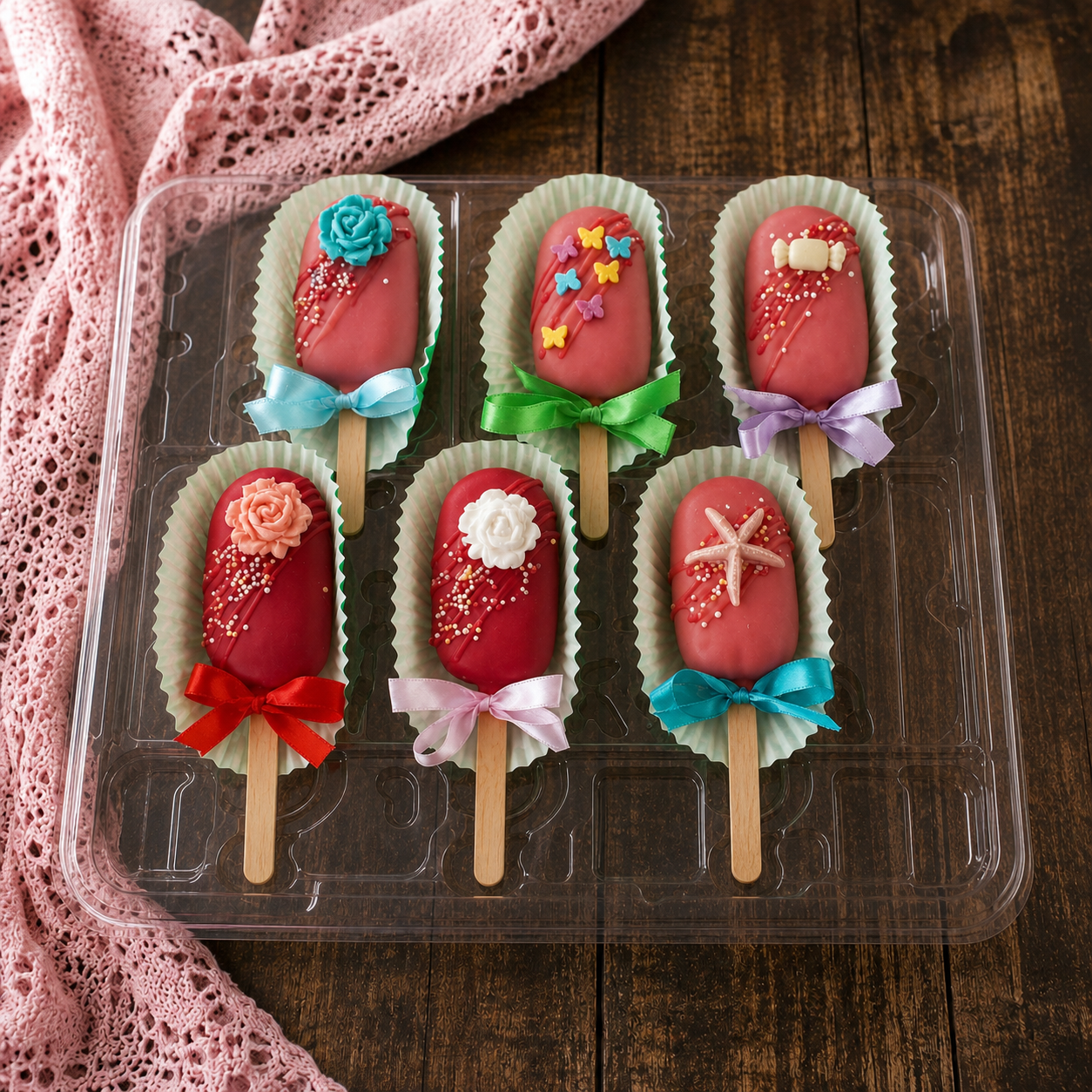 Box of six Biscoff cake pops with red and pink coating, assorted decorations and ribbon bows