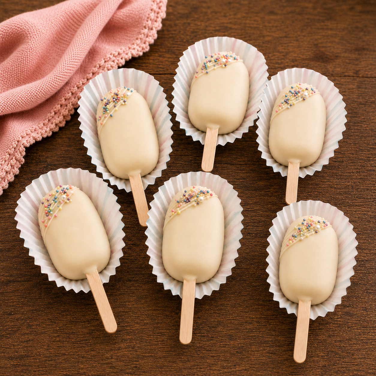 Box of six Biscoff cake pops with white coating and pastel sprinkles
