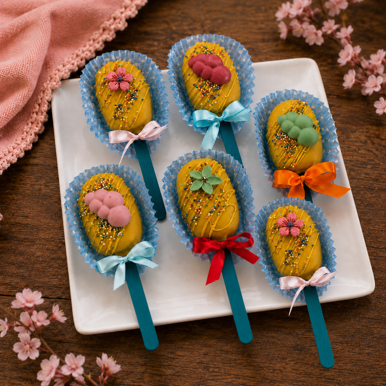 Box of six Biscoff cake pops with yellow coating, sprinkles, flowers and ribbon bows