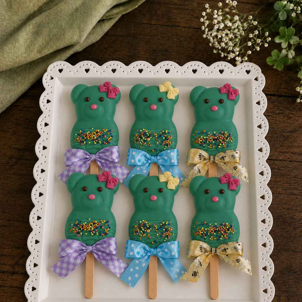 Six green teddy-bear-shaped cake pops with sprinkles and patterned ribbon bows