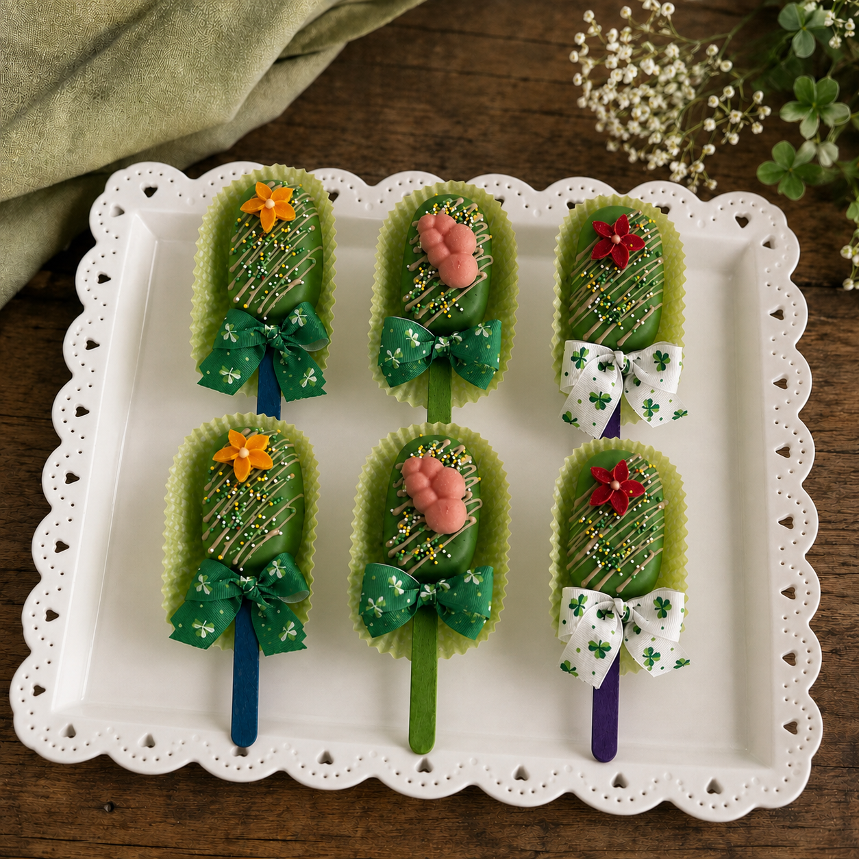 Box of six green Oreo cake pops with flowers, sprinkles and patterned bows
