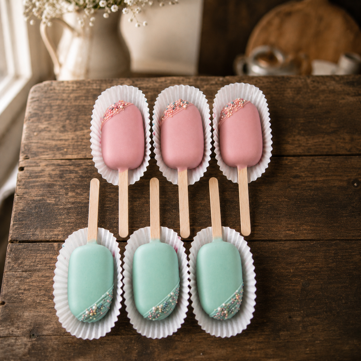 Box of six Oreo cake pops with pastel pink and blue coating and delicate sprinkles