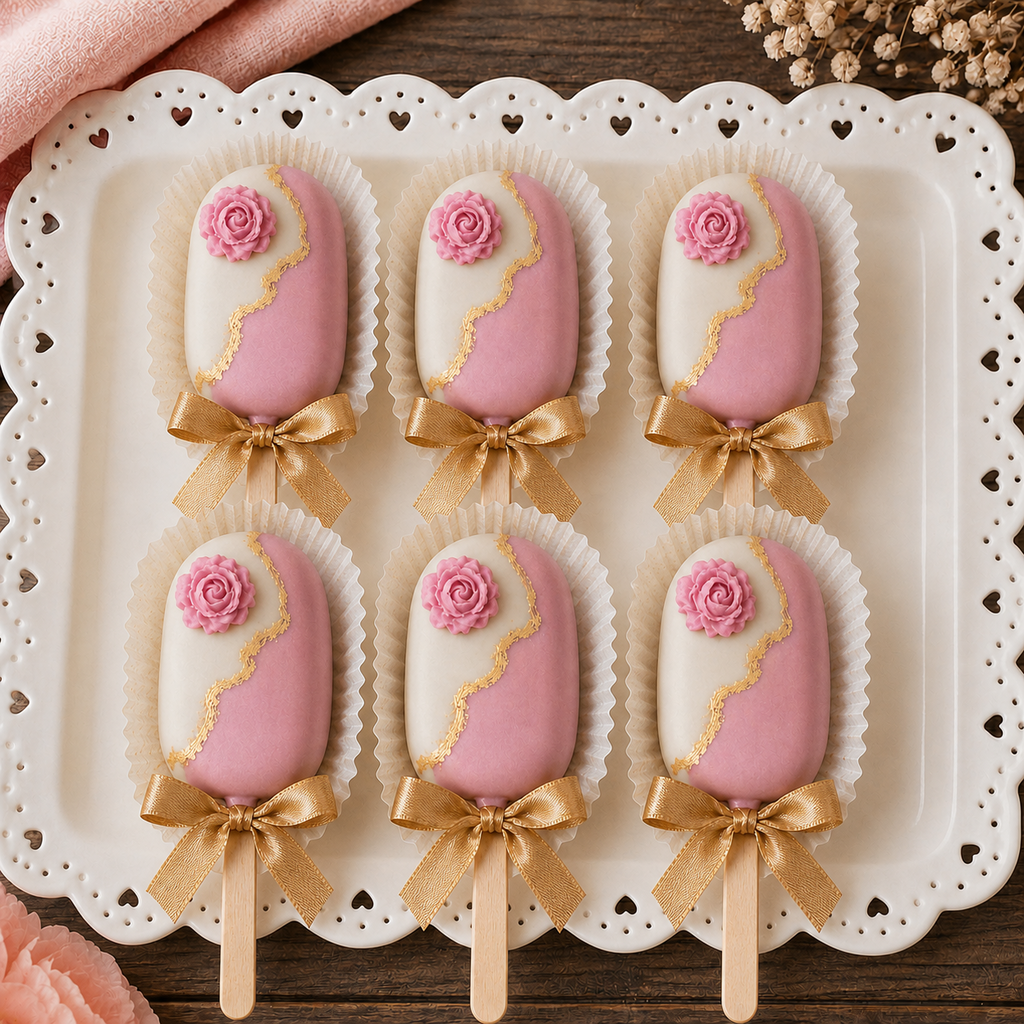 Box of six Oreo cake pops with pink and white coating, pink roses, gold detailing and bows