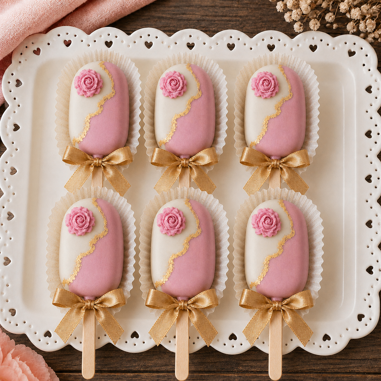 Box of six Oreo cake pops with pink and white coating, pink roses, gold detailing and bows