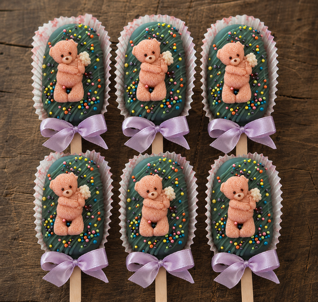 Box of six teal Oreo cake pops with teddy bears, colourful sprinkles and lilac bows