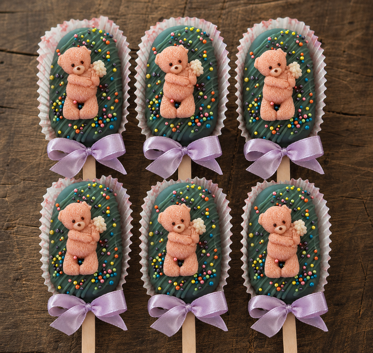 Box of six teal Oreo cake pops with teddy bears, colourful sprinkles and lilac bows