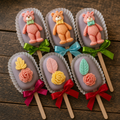 Box of six Oreo cake pops with lilac coating, teddy bears, flowers and ribbon bows
