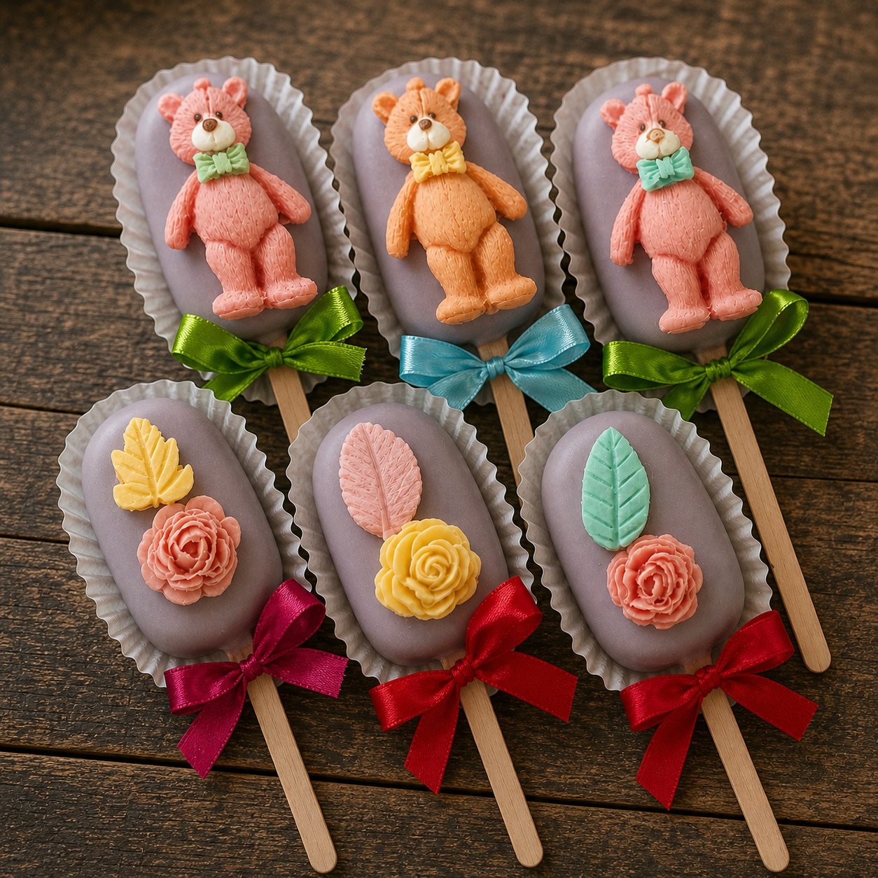 Box of six Oreo cake pops with lilac coating, teddy bears, flowers and ribbon bows