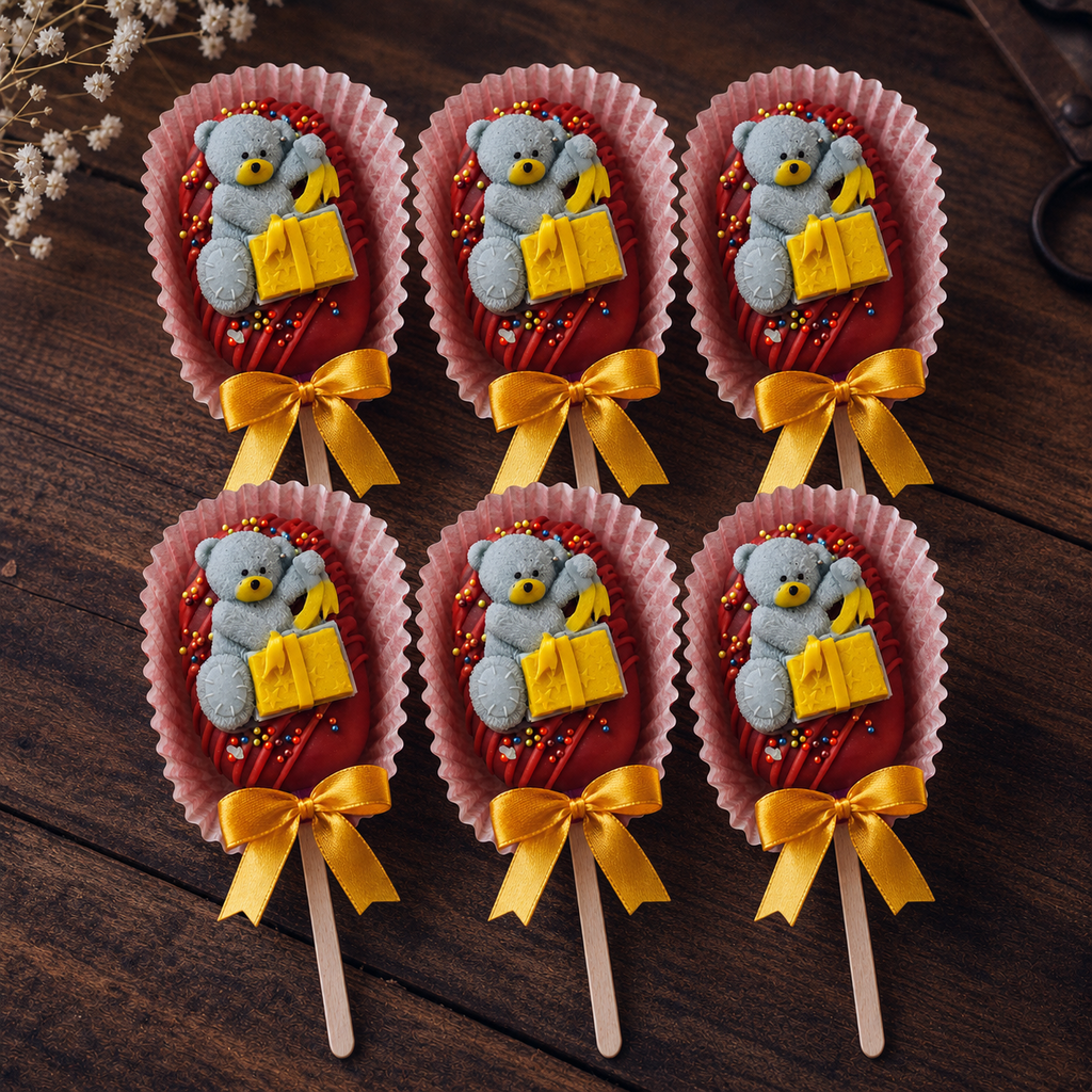 Box of six Oreo cake pops with red coating, teddy bears, gift decorations and gold bows