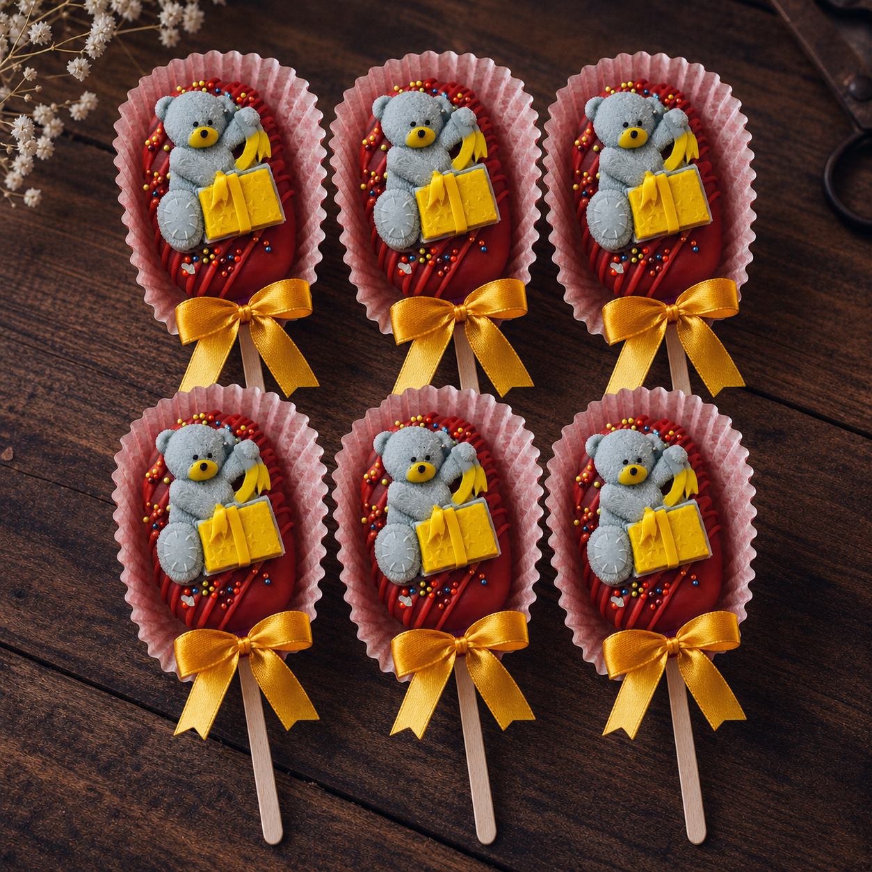 Box of six Oreo cake pops with red coating, teddy bears, gift decorations and gold bows
