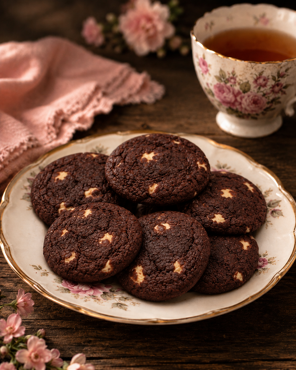 Box of six red velvet cookies with white chocolate pieces