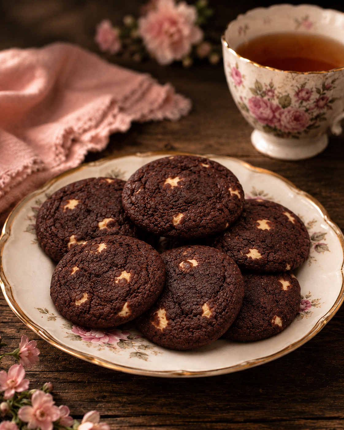 Box of six red velvet cookies with white chocolate pieces