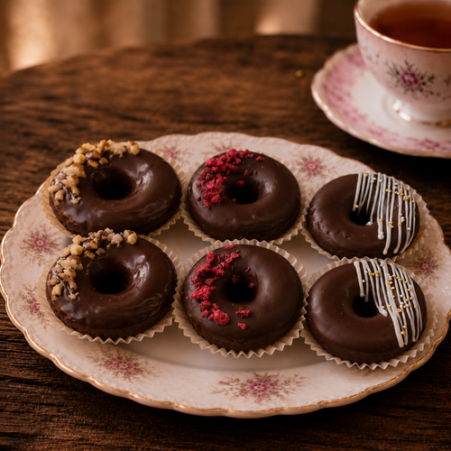 Box of six baked brownie doughnuts with nuts, freeze-dried raspberry and chocolate drizzle toppings