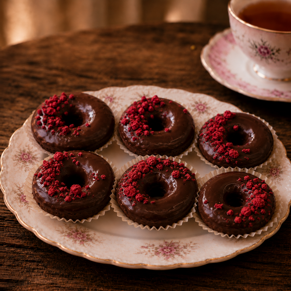 Box of six baked brownie doughnuts with chocolate glaze and freeze-dried raspberry