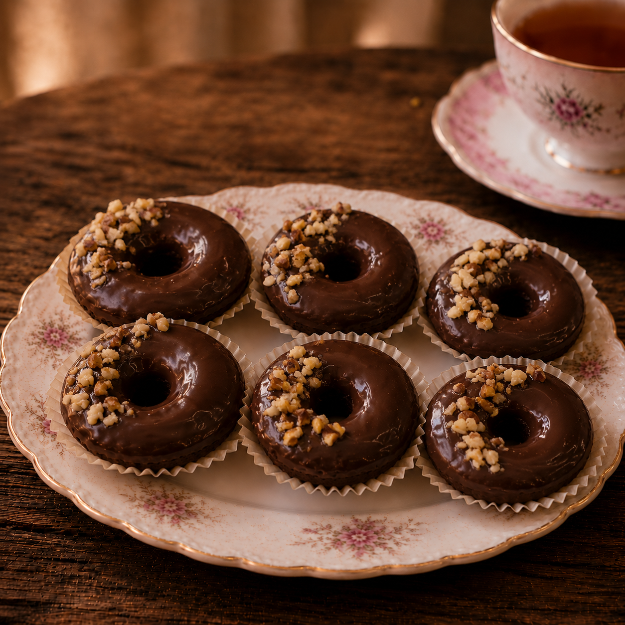 Box of six baked brownie doughnuts with chocolate glaze and chopped nuts