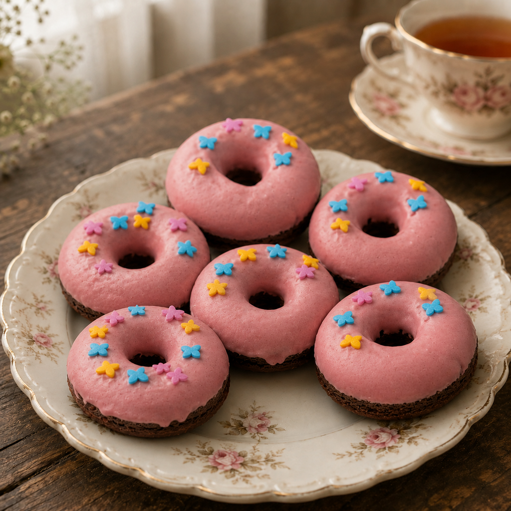 Box of six baked coffee-chocolate doughnuts with pink icing and butterfly sprinkles