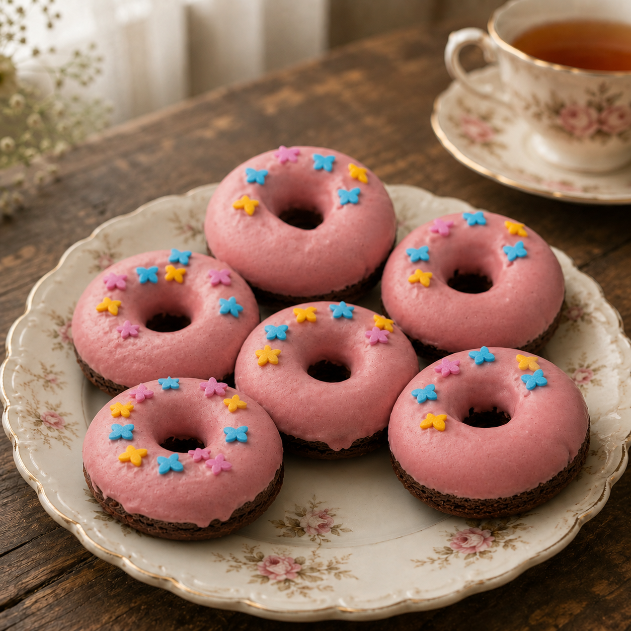Box of six baked coffee-chocolate doughnuts with pink icing and butterfly sprinkles