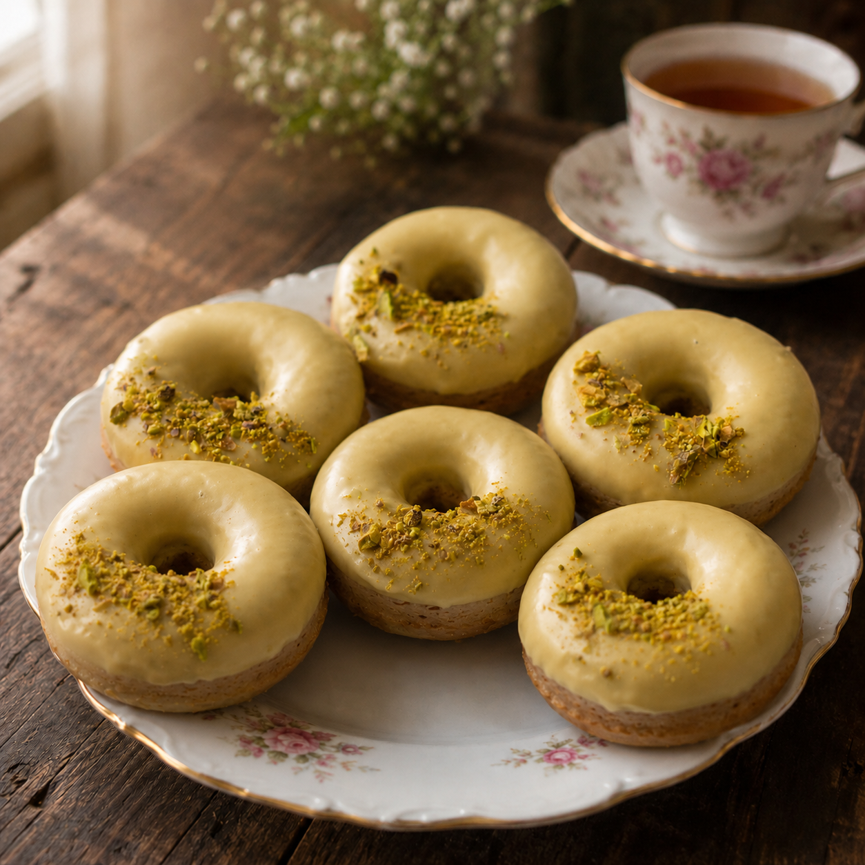 Box of six baked pistachio doughnuts topped with chopped pistachio nuts