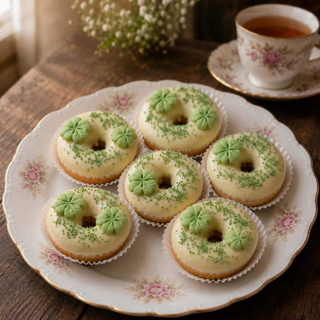 Box of six baked vanilla-lemon doughnuts with green sprinkles and decorative shamrocks