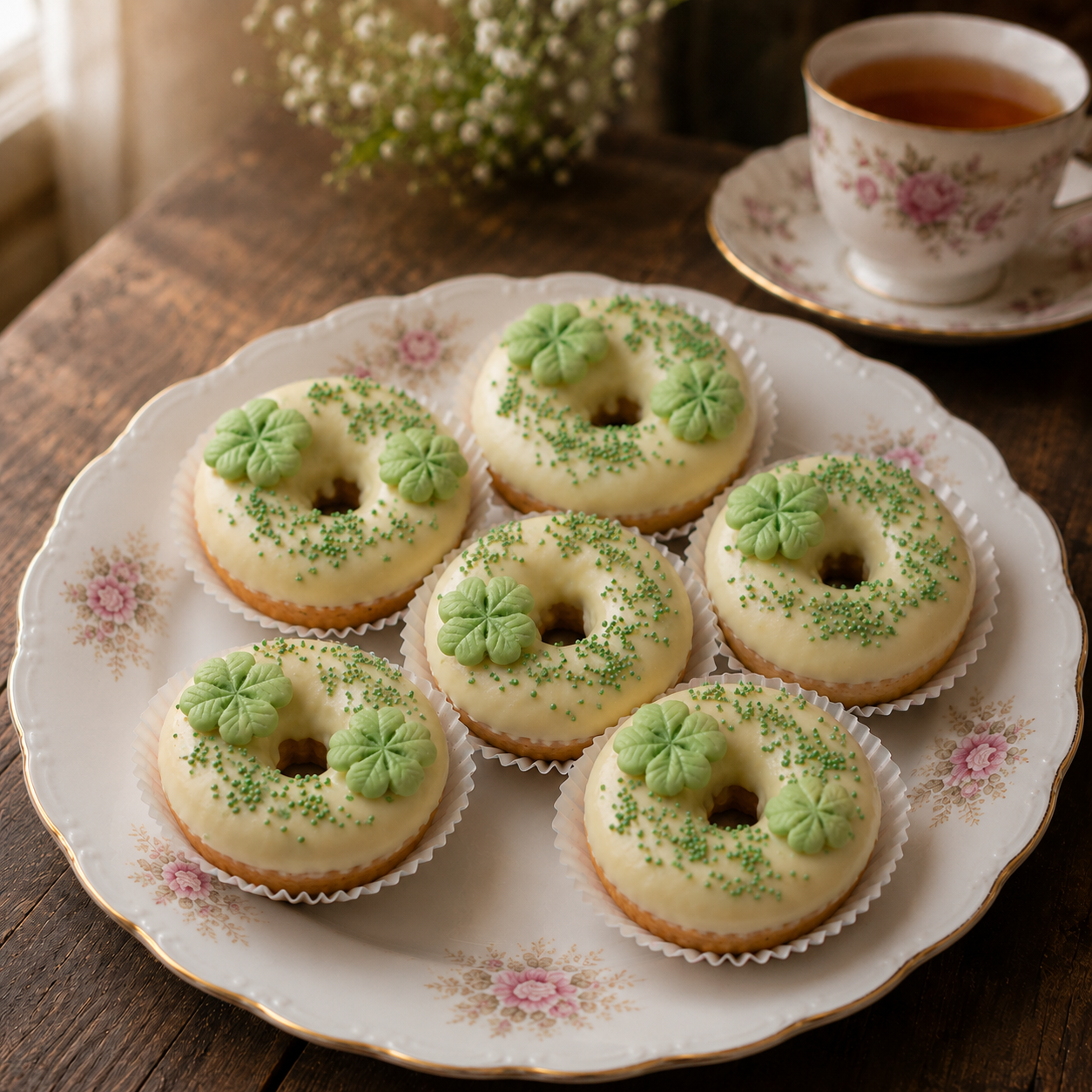 Box of six baked vanilla-lemon doughnuts with green sprinkles and decorative shamrocks