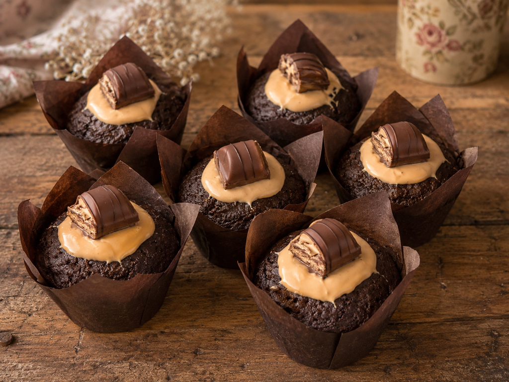 Six Kinder Bueno chocolate muffins topped with hazelnut cream and Kinder Bueno pieces