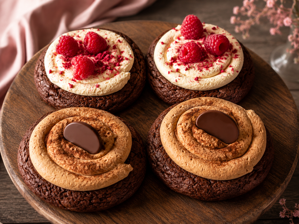 Luxury brownie cookies topped with raspberry cream, chocolate cream, fresh raspberries and chocolate