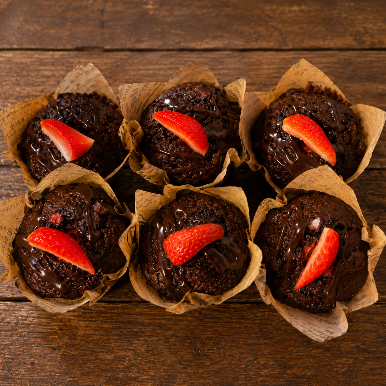 Box of six double chocolate muffins with chocolate drizzle and fresh strawberry garnish